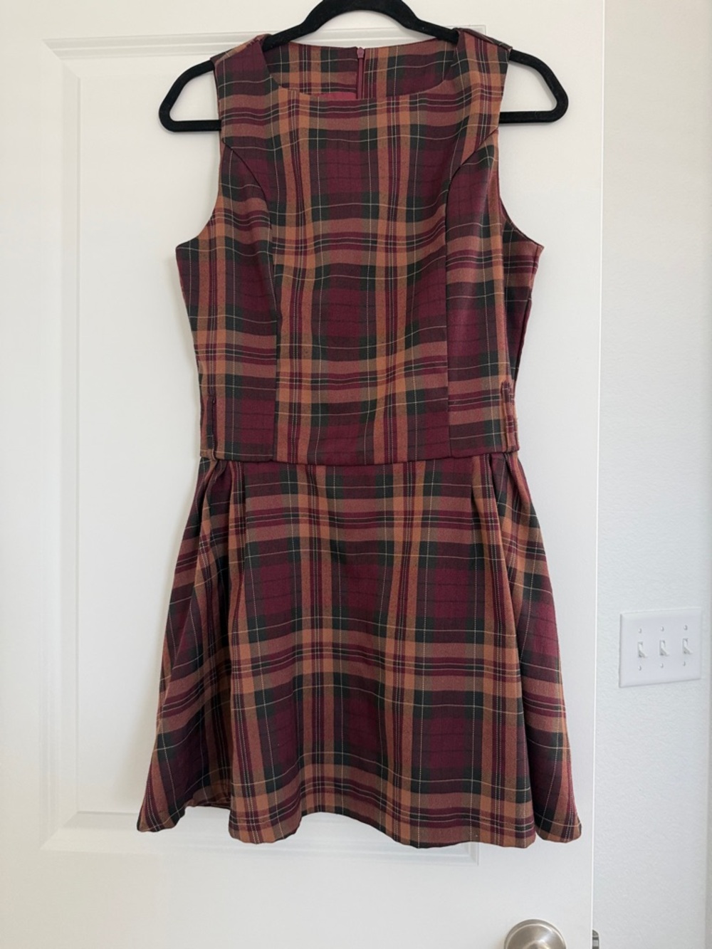 Plaid Sleeveless Fit & Flare Dress in Burgundy and black